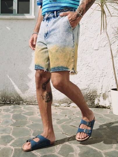 Men's Ombre Print Insert Pocket Loose Casual Denim Shorts