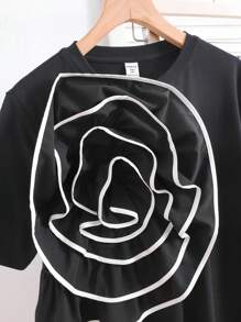 SHEIN 少女 3D 花卉撞色饰边圆领宽松 T 恤上衣，休闲百搭，时尚 - 黑與白 - 查看 5