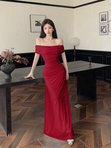 Modelyn Đầm dài lưới trễ vai nhún eo thanh lịch cho nữ, thích hợp cho đám cưới, sự kiện trang trọng Đầm dự tiệc trang trọng cho nữ - Đỏ - Xem 4