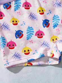 BABY SHARK X SHEIN 2pcs/Set Tween Girl Cartoon Shark Print Cami Top And Boyshorts Underwear Set,Soft & Comfortable - Baby Pink - View 13