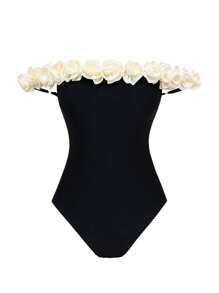 Swim Chiccia 女式性感紧身黑色度假花卉连体抹胸沙滩泳衣 - 黑色 - 查看 6