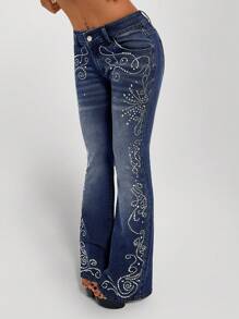 EgrlEra Front Panel Rhinestone Wash Skinny Flared Jeans - Dark Wash - View 2