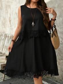 SHEIN LUNE Vestido de verano casual de talla grande de 2 piezas, de color liso, con cuello redondo, sin mangas, con encaje calado resistente al agua, cintura elástica y forro, de longitud a la rodilla, estilo popular de uso cotidiano y vacacional