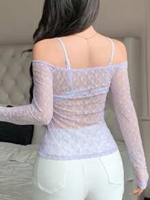 DAZY Sheer Lace Off Shoulder Long Sleeve Cover Up Top, Cropped, Light Purple, Summer