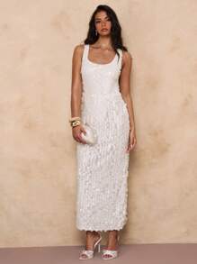 SHEIN BAE Women's Plain Color Sequin Square Neck Sleeveless Dress White Dresses For Women - White - View 6