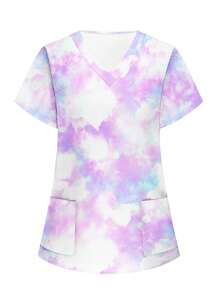 Fashionable Summer Healthcare Scrub Uniform Top - Purple - View 6
