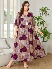 Lacomfia Vestido maxi estilo árabe de línea A con estampado floral para mujer de talla grande