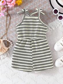 女童休闲时尚日常无袖高腰条纹短款连体裤，夏季时尚连体裤 - 黑色 - 查看 2