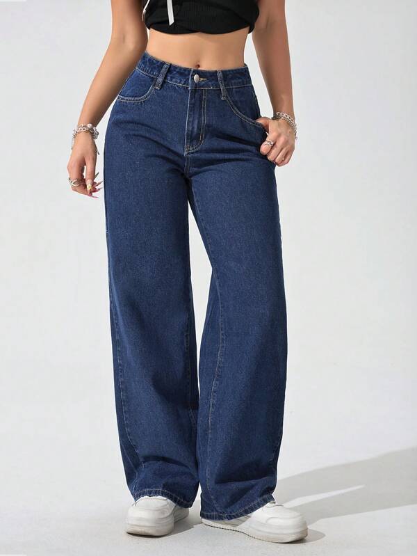 SHEIN PETITE Women's Casual Loose Wide Leg Pockets Baggy Denim Jeans