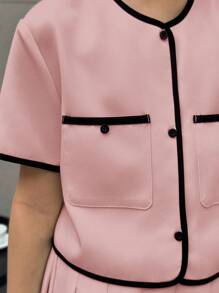 SHEIN Nova Glow Tween 女童梭织拼色短袖上衣和褶皱迷你裙优雅两件套 - 淺粉色 - 查看 3