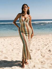 Easelle Women's Spring And Summer Seaside Leisure Vacation Bohemian Beach Woven Halter Neck Sexy Slim V-Neck Long Dress - Multicolor - View 2