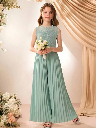 Elegant mode för mellanflickor med rund halsringning, ärmlös hög midja, enfärgad spets, volangkrage, veckad jumpsuit, vit brudeflicka-bröllopsklänning