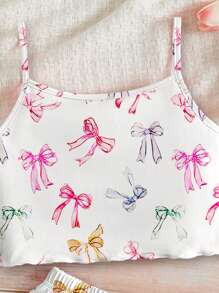 SHEIN Leap Crew Young Girls' Bow Decor Casual Minimalist Camisole Top & Shorts Loungewear Set, Suitable For Summer - Multicolor - View 3