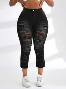 SHEIN SXY Plus Size Women Stretchy Blue Denim Ripped Ankle Length Jeans Autumn Outfits For Women Festival Outfits  Capris For Women - Black - View 3