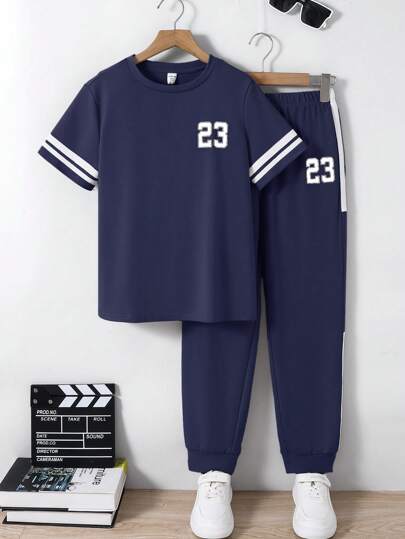 SHEIN 2pcs/Set Tween Boys' Casual Mix Print Crew Neck Short Sleeve T-Shirt And Ribbed Cuff Jogger Pants Set