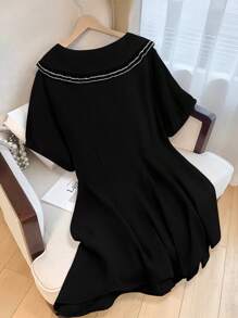 GlowEve CURVE Plus Size Elegant Casual Vacation Front Button Peter Pan Collar Shirt Dress - Black - View 2