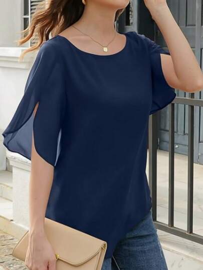 INAWLY Blusa de mujer de verano de cuello redondo, manga split y unicolor casual