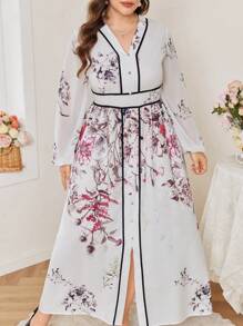 Modelyn Women Plus Size Floral Print V-Neck Lantern Sleeve Elegant Dress - Multicolor - View 6