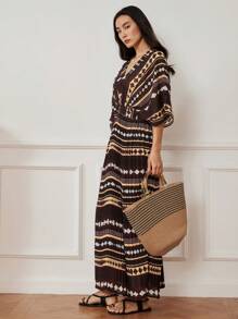 Dazy-Less Abito midi estivo da donna in stile boho, con scollo a V e vita, con stampe geometriche, a righe e a fantasia all-over