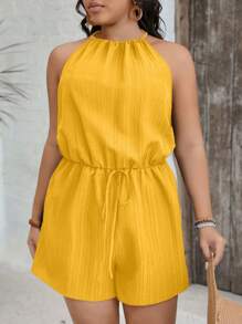 SHEIN VCAY Plus Size Women Solid Color Waist Tie Halter Jumpsuit Shorts, Vacation Style