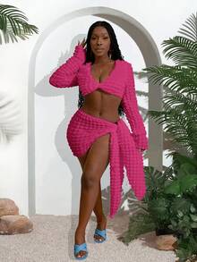Slaydiva 2025 Summer New Music Festival, Easter, Western, Nomadic, St. Patrick's Day, Birthday Party, Graduation, Student, Daily Casual, Vacation, Cruise, Beach, Sunbathing, Popular Social Media Style White Women 2-Piece Set With Lace-Up, Textured Design Vacation Outfit Women Curve Skirt Set Beach Skirt Set Curvy Two Piece Set - Hot Pink - View 5