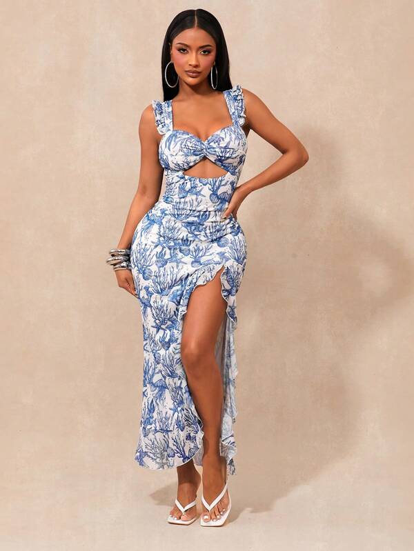 SHEIN SXY Women's Summer , Elegant & Blue Ocean Element Mesh Print Dress, Flowing Ruffle Hem High Slit Maxi Dress, Fitted For Vacation/Holiday Trip/Beach/Date,Bohemian Clothes