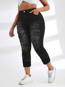 SHEIN SXY Plus Size Women Stretchy Blue Denim Ripped Ankle Length Jeans Autumn Outfits For Women Festival Outfits  Capris For Women - Black - View 5