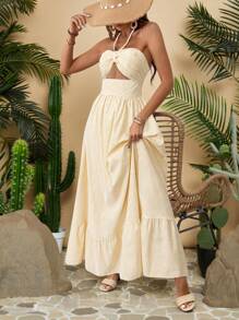 Travachic Vestido de verano casual de mujer con cuello de halter, volante en el bajo y rayas