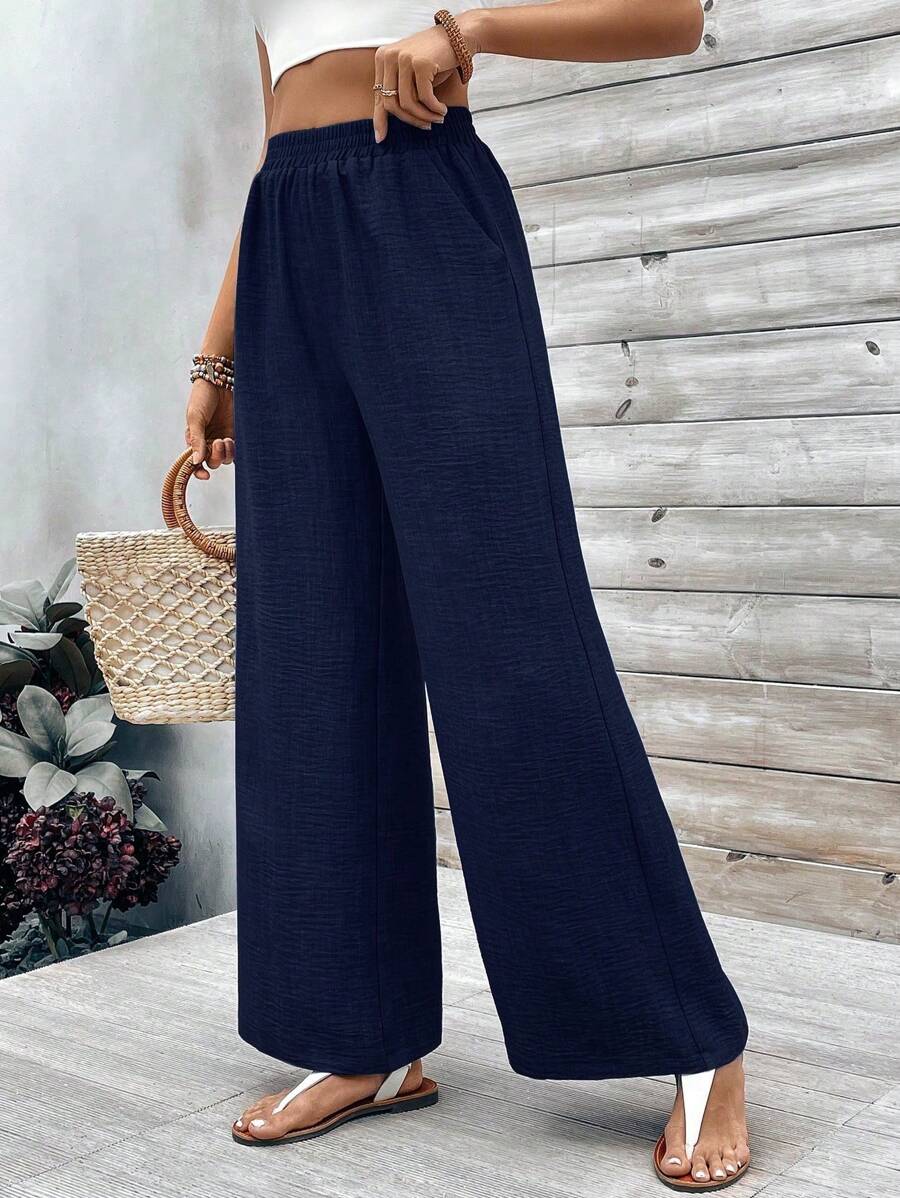 SHEIN Unity Celana Panjang Lurus Longgar Pinggang Tinggi, Pakaian Kasual Liburan Warna Polos untuk Wanita - Navy Blue - View 1