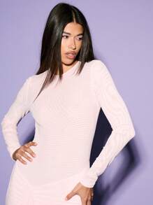 KIZN Long Sleeve Drape Mesh Panel Bodycon Mini Dress - Pink - View 4