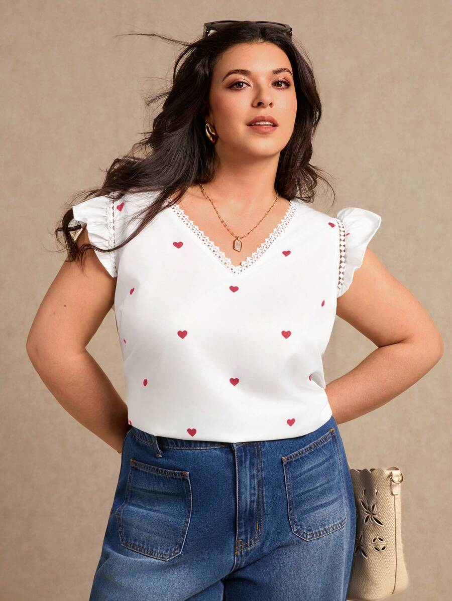SHEIN Frenchy Plus Size Summer Casual Heart Print Cap Sleeve Shirt - Hot Pink - View 1