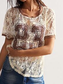 Bohemela Blusa da donna casual estiva in stile boho, con motivo a uncinetto color tinta unita, collo rotondo, manica corta, aderente