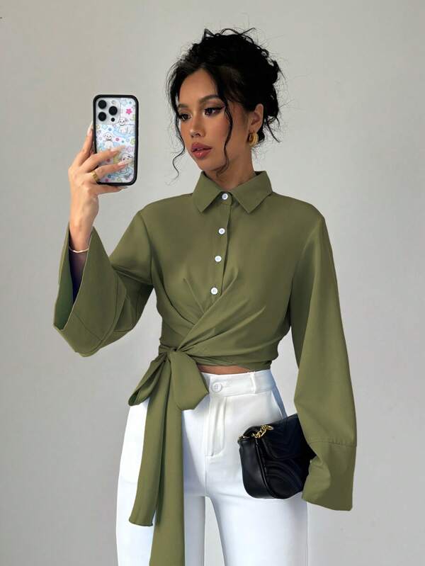 Elenzga Women Solid Color Long Sleeve Shirt, Fashionable For Summer