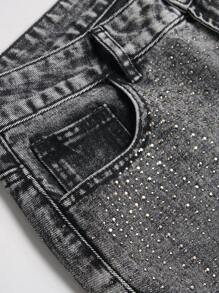 Chillumni Men's Rhinestoned Pocket Casual Versatile Denim Shorts Rhinestone Jeans - Dark Grey - View 3