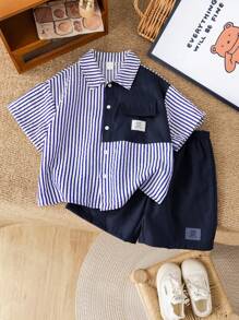 2pcs/Set Young Boys Comfortable Casual Loose Fit Korean Fashion Stylish Striped Shirt And Contrast Color Shorts Set, Suitable For Daily Wear, Sports, Outing, School, Parties, Festivals, Photoshoot, Back To School Season, Spring/Summer