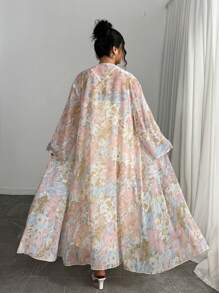 Modelyn 2 Pieces Set: Plus Size Tie-Dye Floral Print Long Sleeve Cardigan Jacket And Solid Color Slip Dress - Multicolor - View 2