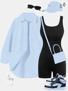 SHEIN Essnce Women Two Pieces Outfits For Daily Wear Women Summer Clothing Women Summer Shirts Women Summer Sets Women Clothing Y2k Outfit Set - Baby Blue - View 2