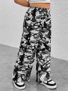 Pantalones sueltos y casuales con estampado de camuflaje trenzado para niñas