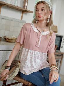 LanaWest Vacation Bohemian Vintage Ditsy Floral Patchwork Short Sleeve T-Shirt For Women - Pink - View 6