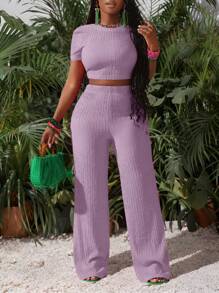 Slaydiva 新款休闲基础运动风春夏圆领短袖截短T恤+阔腿超长裤玫红色条纹纹理针织面料女两件套-I - 紫色 - 查看 4