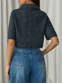 EURMUSE Cropped Wool Button-Up Jacket With Folded Collar, Patch Pockets, And Half Sleeves - Dark Grey - View 2