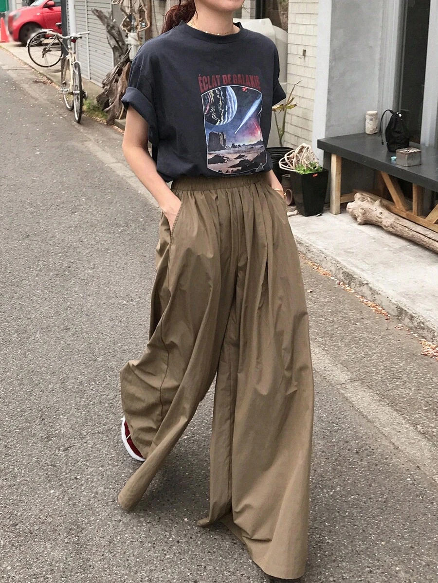 FRIFUL Women's Black Loose Wide Leg Pants & Culottes, Spring - Khaki - View 1