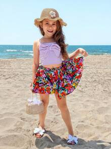 SHEIN 2pcs/Set Young Girls Sweet Bowknot Decor Crop Top And Ditsy Floral Shorts Sets - Purple - View 5