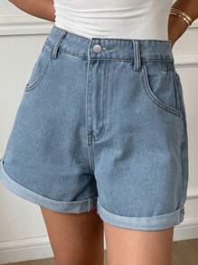 Livesso Quần short denim dáng rộng, trơn, có túi, thích hợp cho mùa hè. - Màu xanh lam - Xem 3