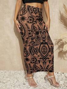 SHEIN SXY Khaki Mesh Flocked Paisley Pattern Skirt - Multicolor - View 3