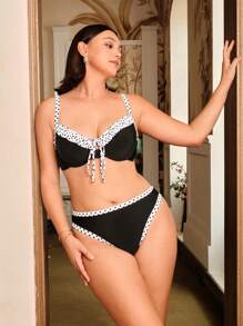 Swim Chiccia Plus Size Women's Summer Beach Polka Dot Print Tie Front Sexy Bikini Set Set - Black and White - View 5