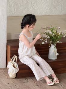 SHEIN Young Girls Countryside Holiday Yellow Stripe Camisole And Pants Set - Multicolor - View 4