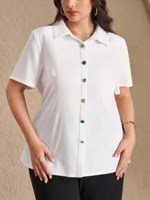 SHEIN Clasi 大码女式优雅金属纽扣装饰衬衫，女式夏季，女士夏季，七月四日女士，毕业，女士 Polo 衫，七月四日，夏季，商务休闲