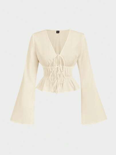 SHEIN MOD White Women's Tie Front Flare Sleeve Blouse,Hollowed Costumes,Devil Costume,Vintage,Pirate Top,Hippie,Going Out Tops