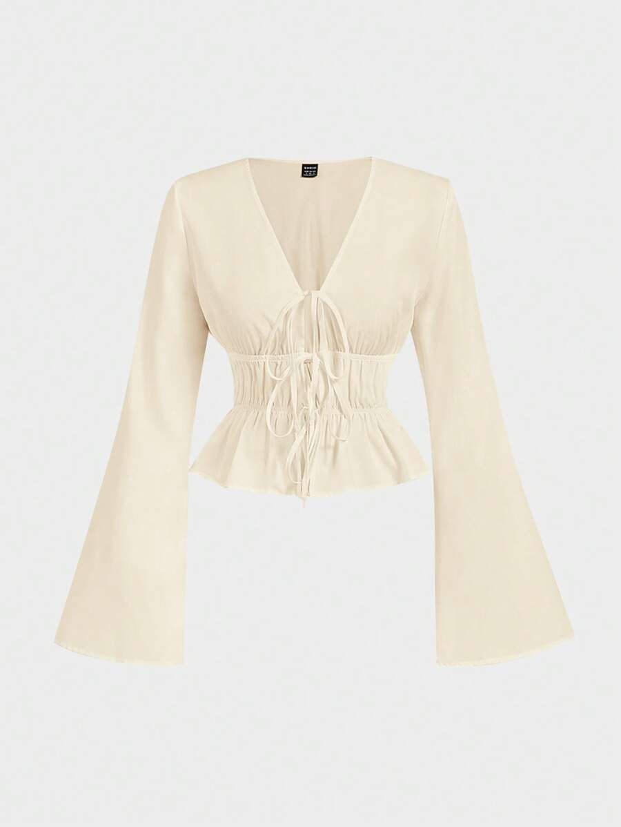 SHEIN MOD White Women's Tie Front Flare Sleeve Blouse,Hollowed Costumes,Devil Costume,Vintage,Pirate Top,Hippie,Going Out Tops